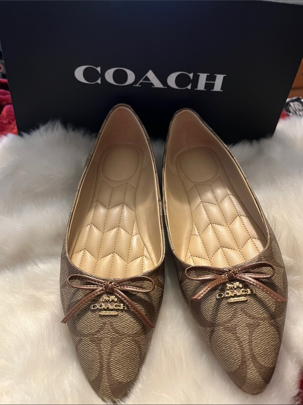 Coach Brown Signature Pointed Toe Bow Flats